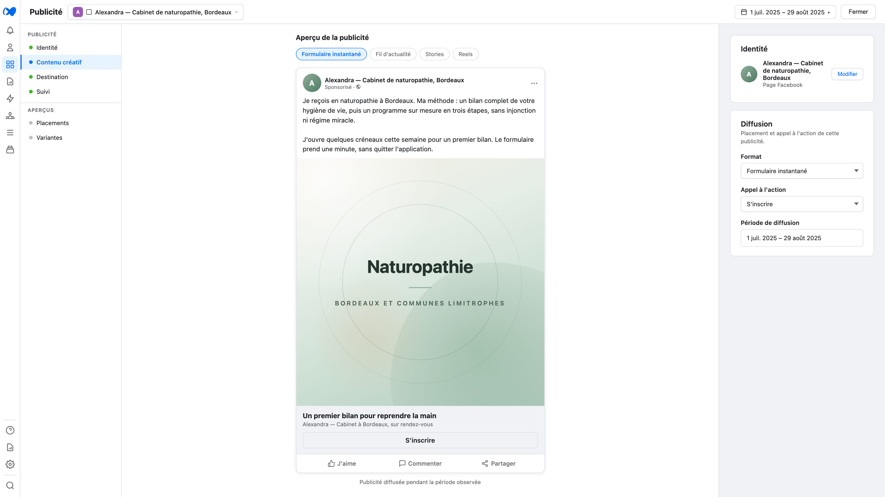 Aperçu de la publicité Meta du cabinet de naturopathie