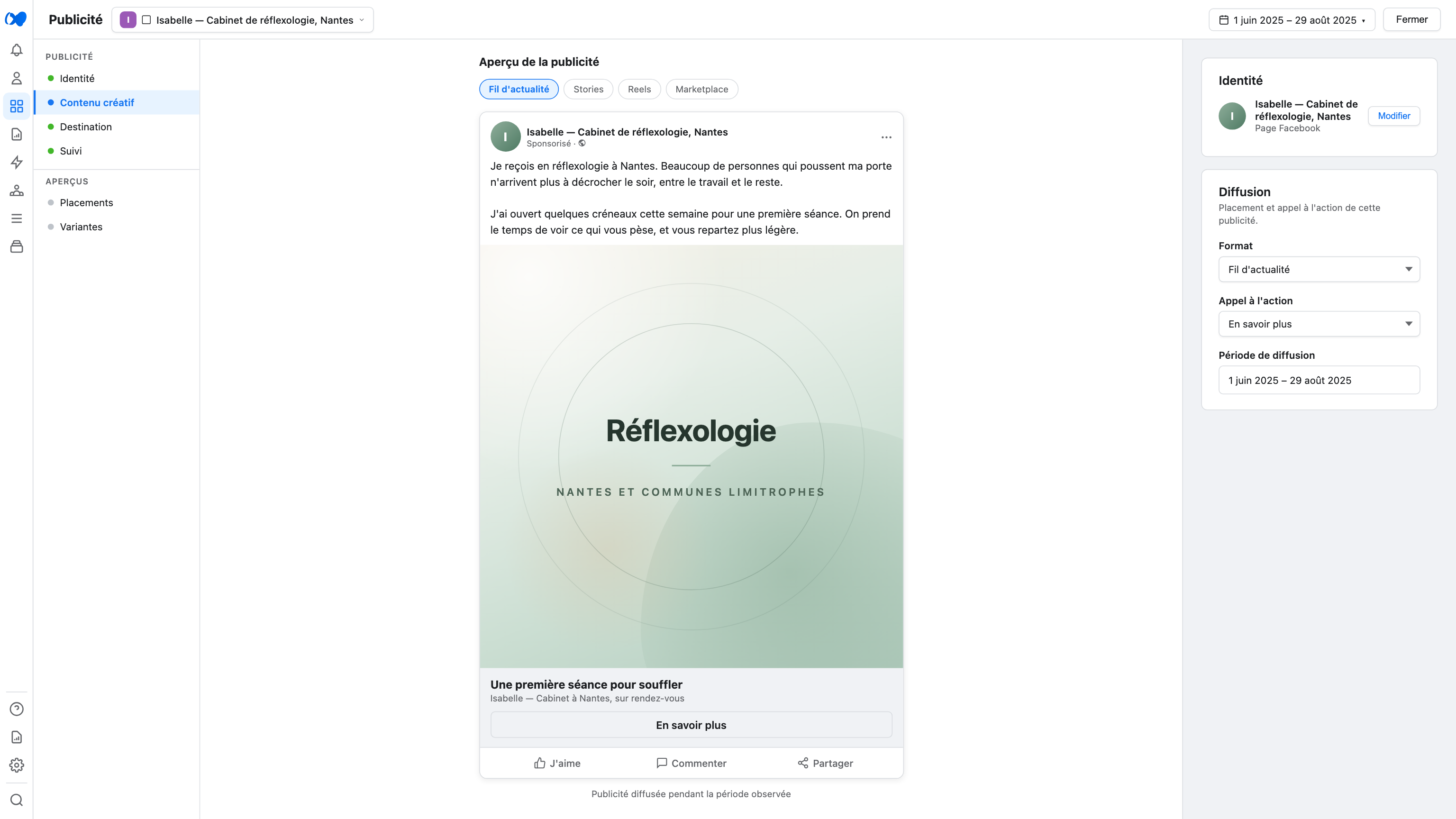 Aperçu de la publicité Meta du cabinet de réflexologie