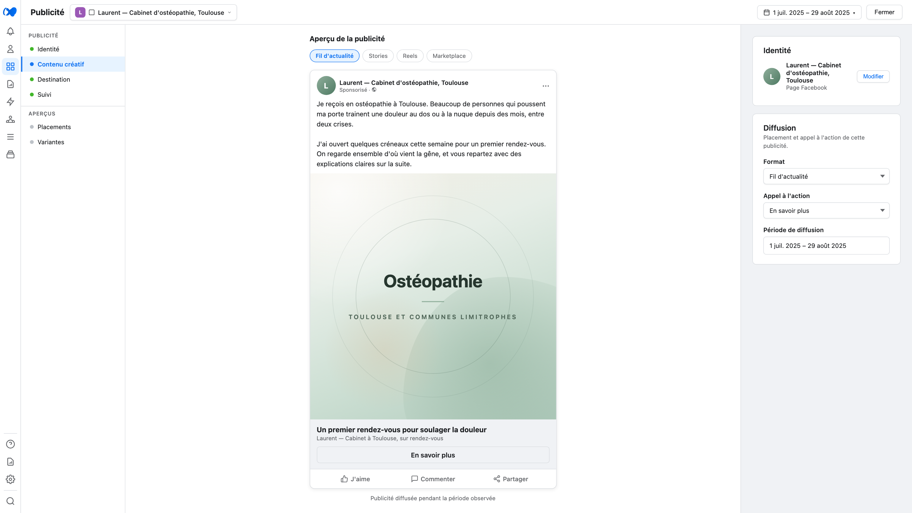 Aperçu de la publicité Meta du cabinet d’ostéopathie