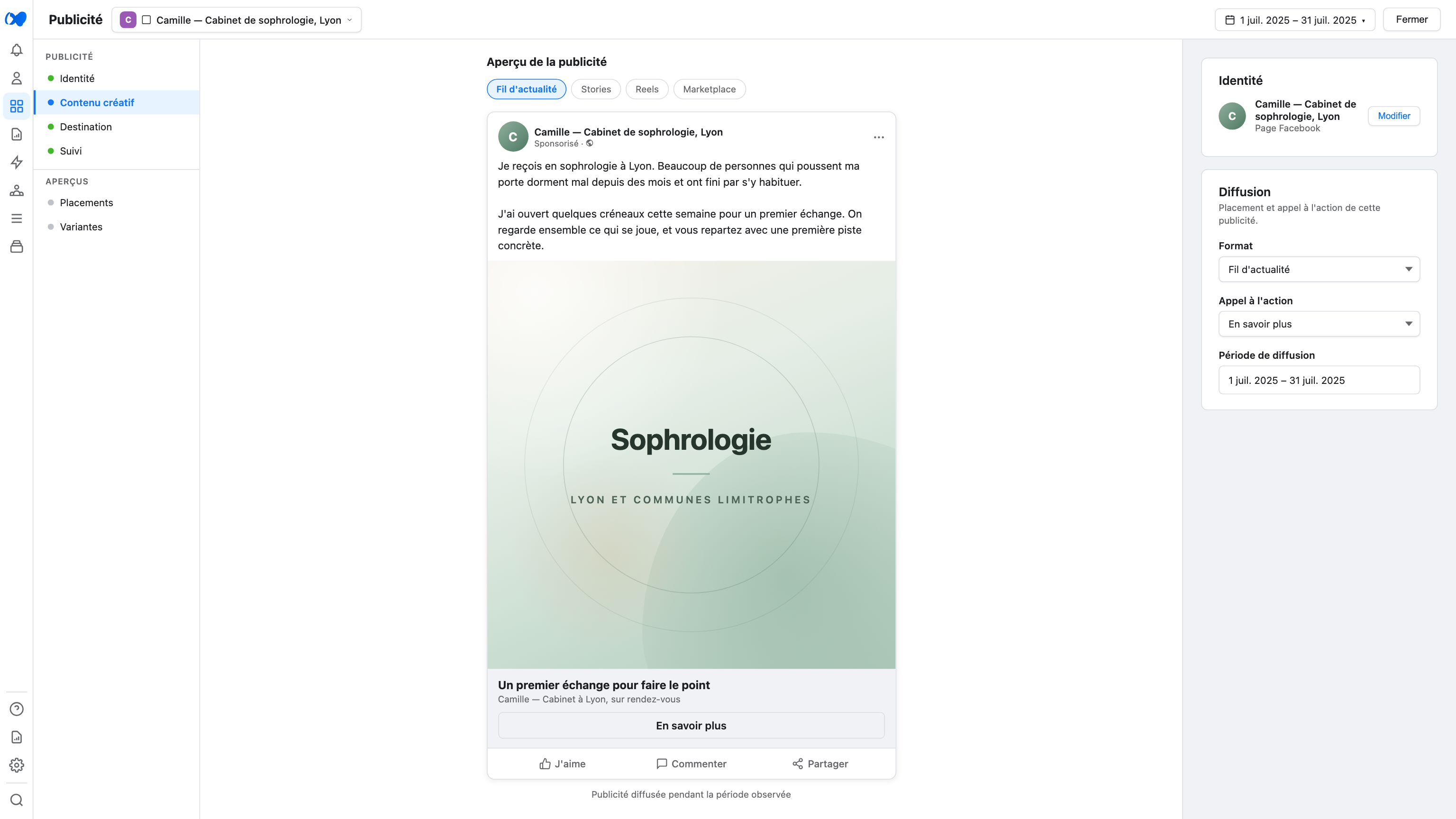 Aperçu de la publicité Meta du cabinet de sophrologie à Lyon