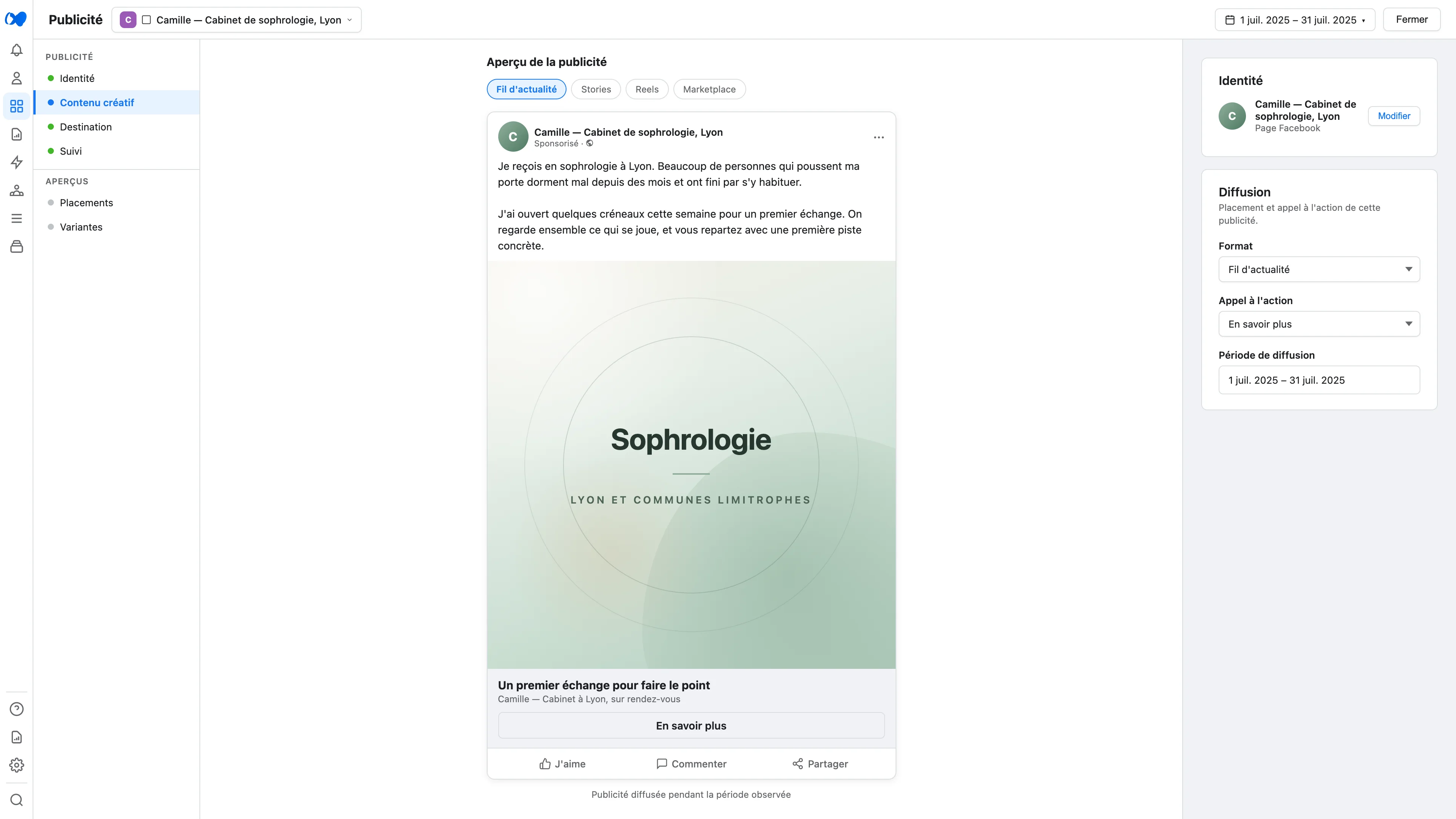 Capture de l'aperçu de la publicité Meta du cabinet de sophrologie à Lyon