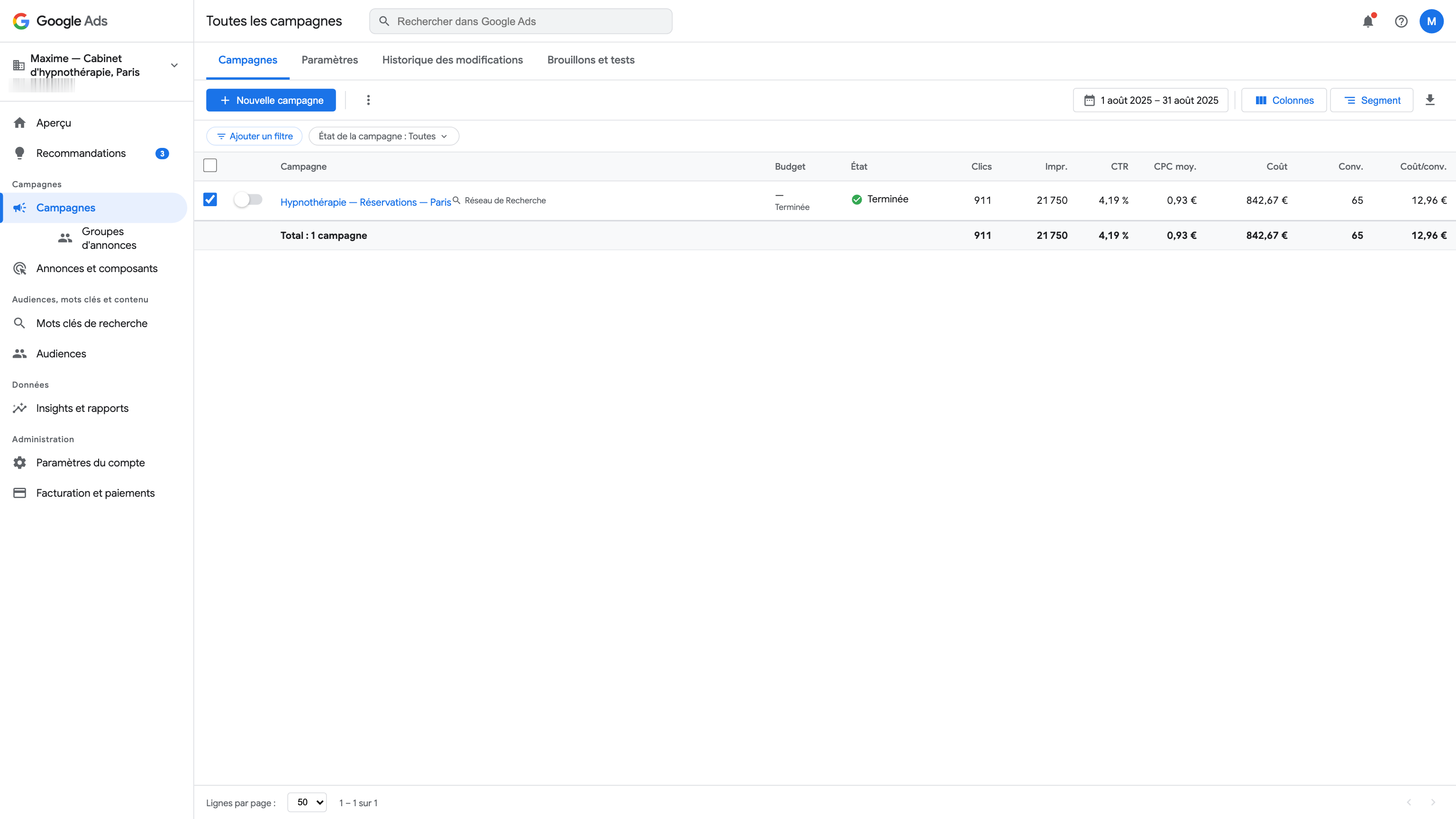 Capture Google Ads : 65 conversions, 842,67 euros dépensés, 911 clics et 21 750 impressions