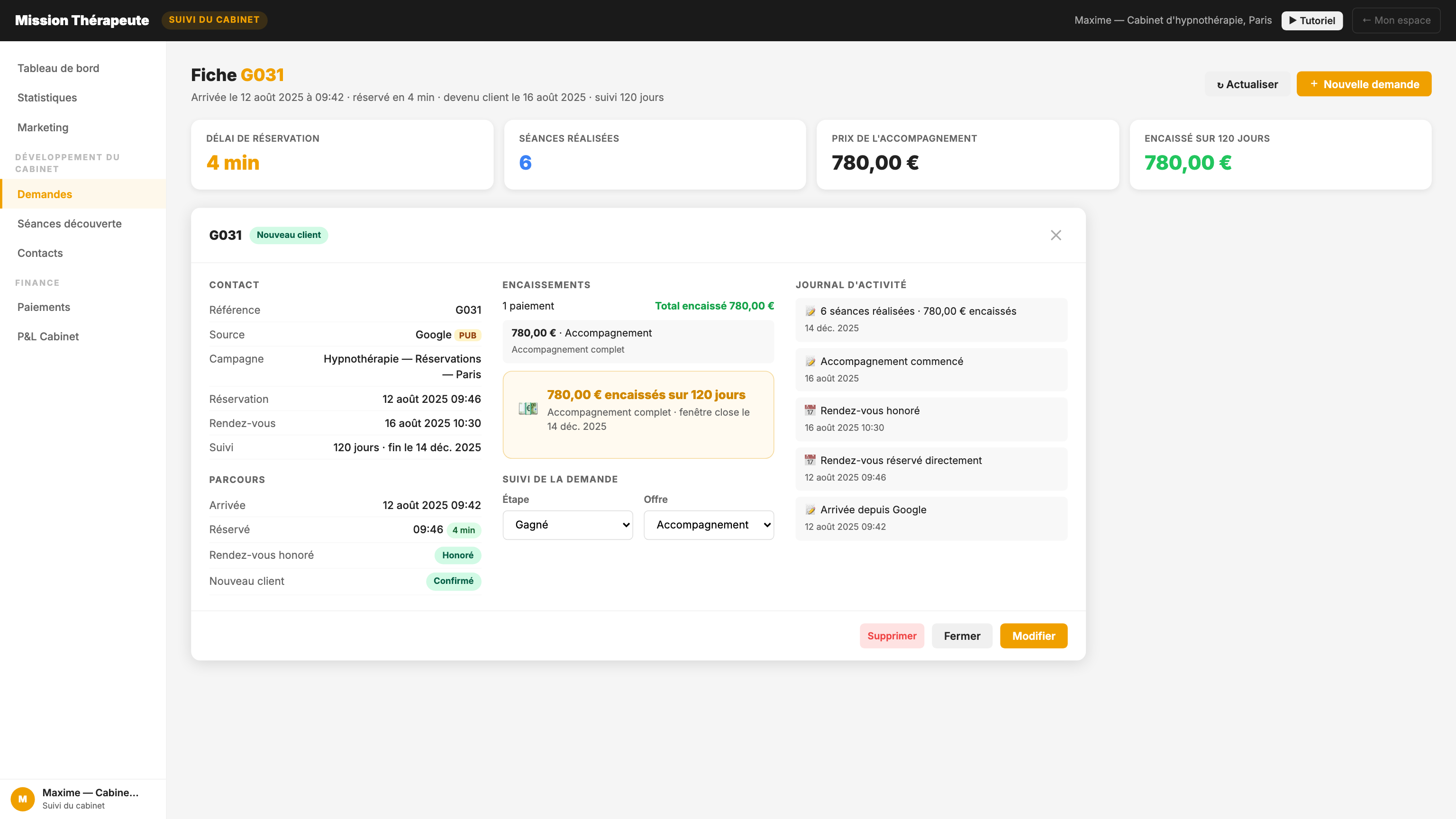 Parcours anonymisé : réservation en quatre minutes et 780 euros encaissés sur 120 jours
